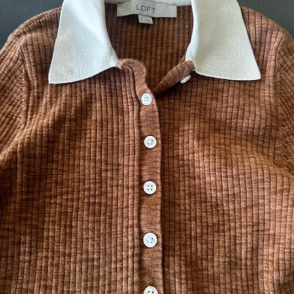 LOFT Ribbed Brown Cardigan with White Collar - Picture 2 of 4